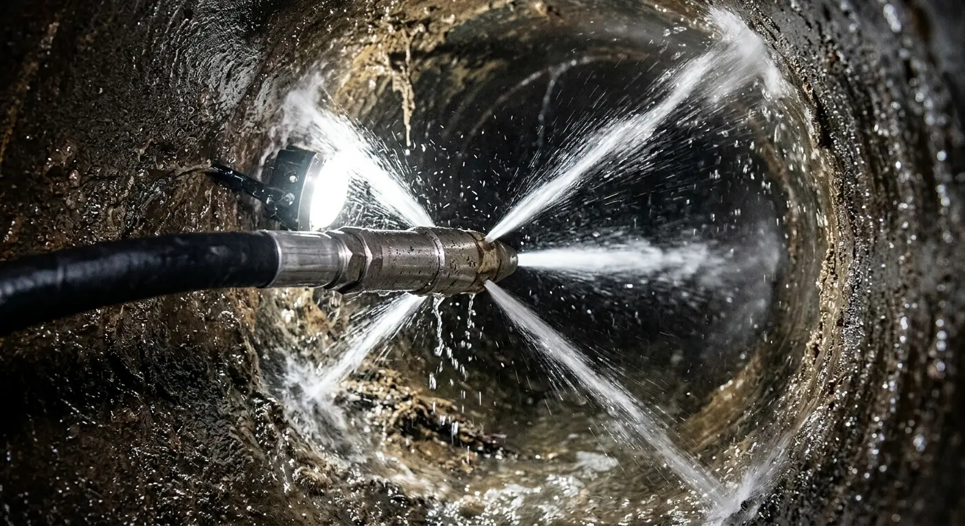 High-pressure hydro jetting nozzle cleaning sewer pipe for Emergency Drain Service in Perrysburg