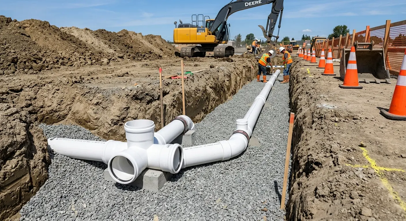 New PVC sewer pipe installation in open trench for Commercial Drain Cleaning in Perrysburg
