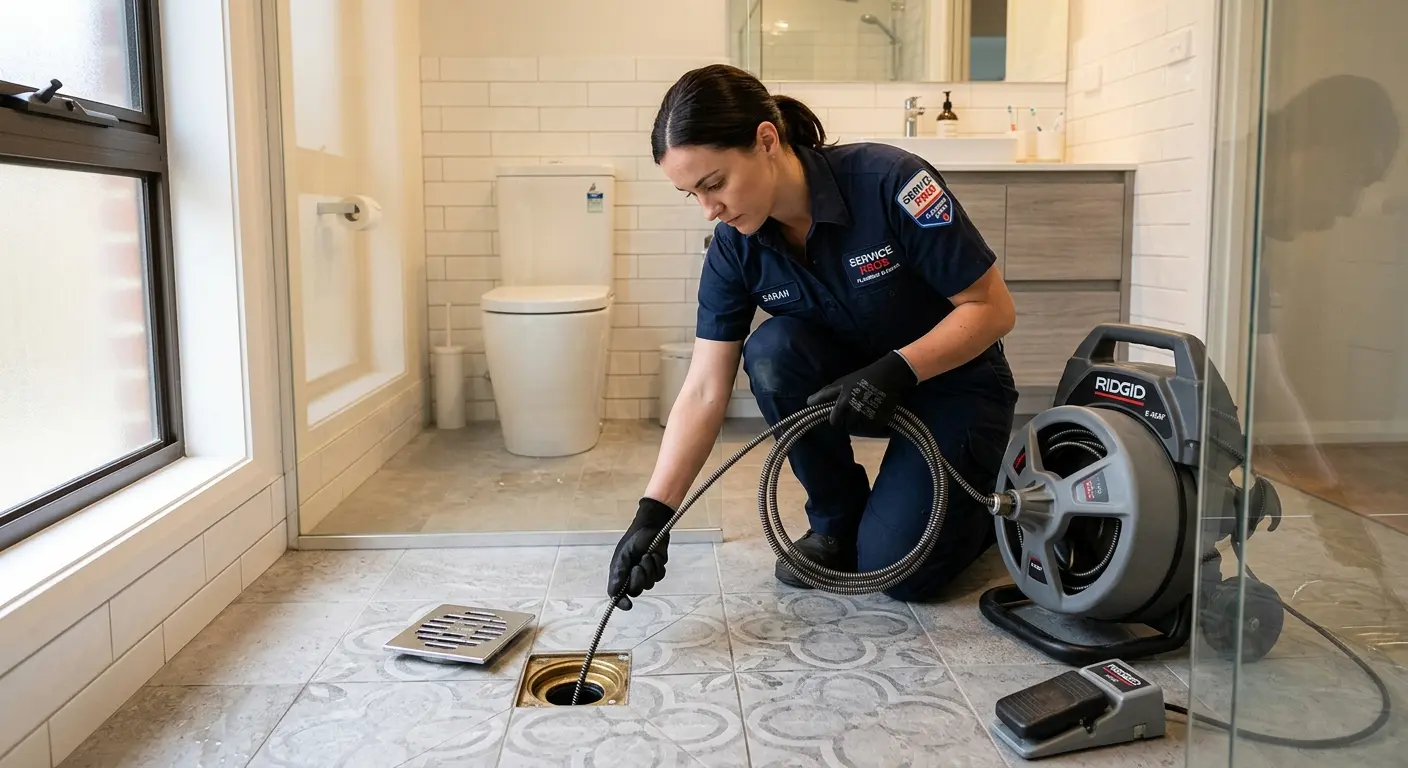 Technician clearing a bathroom floor drain for Clogged Drain Repair in Perrysburg